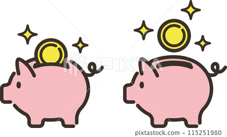 可愛的豬存錢筒和日圓硬幣的插圖 115251980