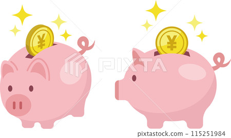 Illustration of a cute piggy bank and a Japanese yen coin going in 115251984