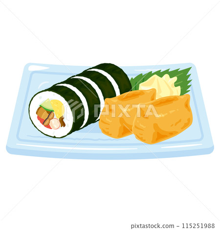 Sushi rolls and inari sushi served on a plate 115251988