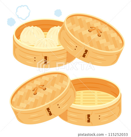 A steamer filled with steamed meat buns and an empty steamer 115252033