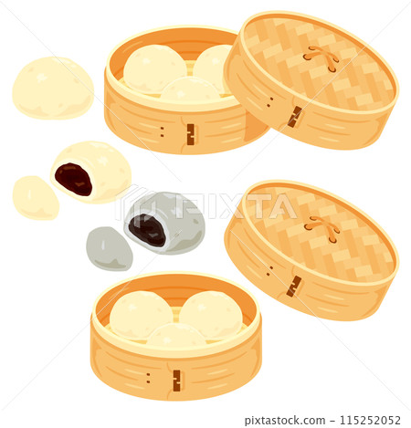 A set of sweet bean buns served in a bamboo steamer 115252052