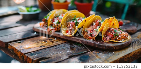 tacos lie on a street wooden table 115252132