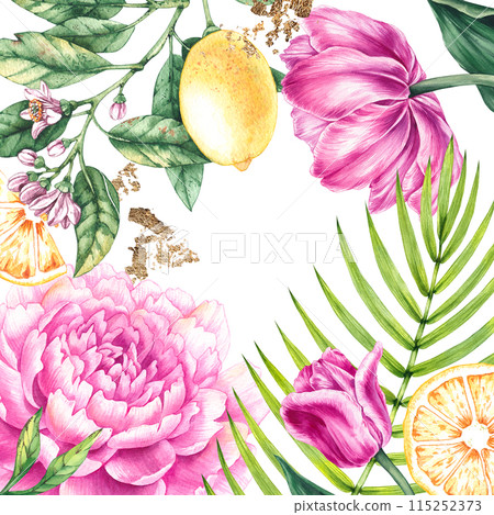 Watercolor floral background with gold 115252373