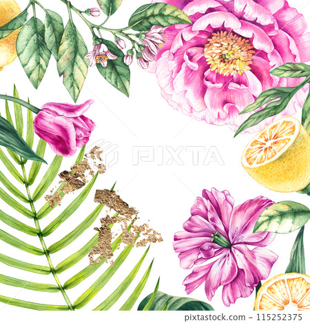 Watercolor floral background with gold 115252375