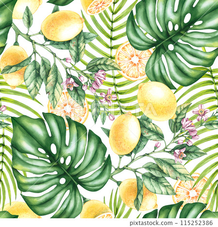 Watercolor lemon tropical leaves pattern 115252386
