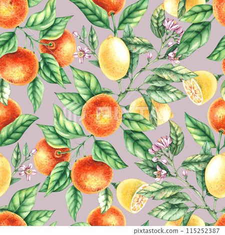 Watercolor lemon tangerine flower pattern 115252387