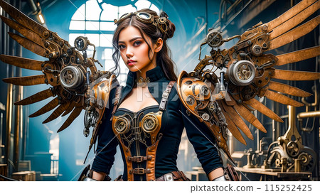Beautiful girl with mechanical wings in steampunk style. Beautiful girl with mechanical wings in steampunk style. 115252425