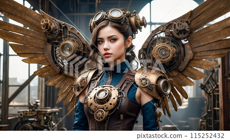 Beautiful girl with mechanical wings in steampunk style. Beautiful girl with mechanical wings in steampunk style. 115252432