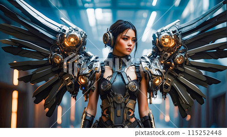 Beautiful droid girl with mechanical wings in cyberpunk and science fiction style. 115252448