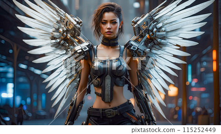 Beautiful droid girl with mechanical wings in cyberpunk and science fiction style. 115252449