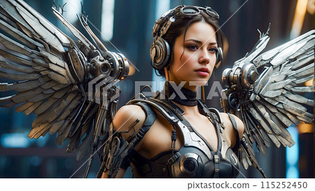Beautiful droid girl with mechanical wings in cyberpunk and science fiction style. 115252450
