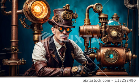 Steampunk style. Industrial mechanical monster made of metal and leather. Supernatural being. 115252490