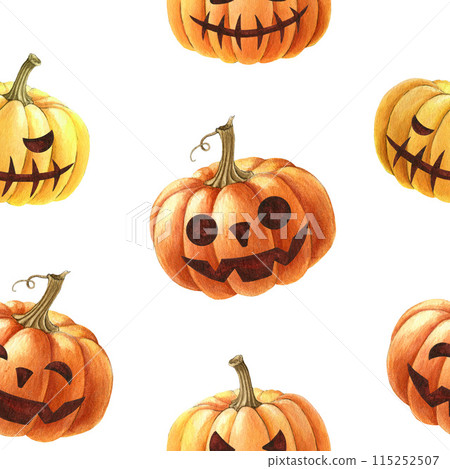 Halloween funny pumpkins seamless pattern. Watercolor illustration. Hand drawn scary funny orange pumpkin with smile seamless pattern. Halloween holiday element festive symbol. White background Halloween funny pumpkins seamless pattern. Watercolor illustration. Hand drawn scary funny orange pumpkin with smile seamless pattern. Halloween holiday element festive symbol. White background 115252507