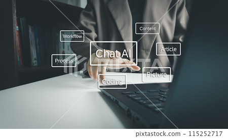 AI technology, Artificial Intelligence, Chat and talk with AI, Using laptop for search and find data by command prompt, robot learning machine create or generate picture or article auto AI technology, Artificial Intelligence, Chat and talk with AI, Using laptop for search and find data by command prompt, robot learning machine create or generate picture or article auto 115252717