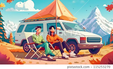 老式SUV和情侶，汽車露營地 115253270
