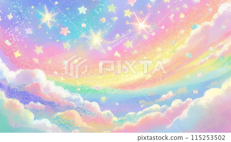 彩虹色天空中閃閃發光的星星的可愛插圖背景 115253502
