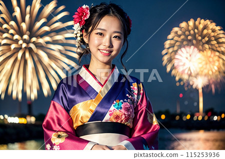 A beautiful woman in a yukata with a hair accessory at a fireworks festival 115253936