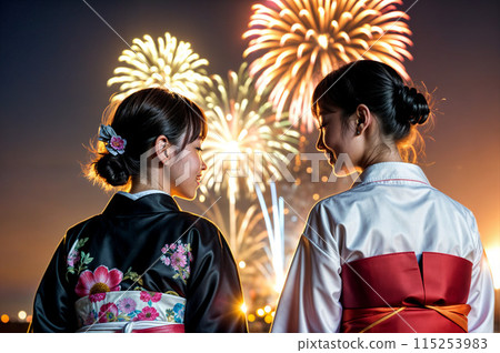 A cute couple of women in yukatas going to a fireworks festival 115253983