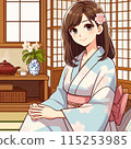 A young woman in a yukata relaxing in a room at a ryokan 115253985