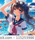 A high school girl in uniform standing with the sea behind her 115253986