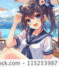A schoolgirl in uniform smiling under a beach umbrella 115253987