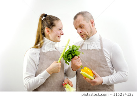banner for grocery store advertising vegetables fruits two people in aprons smiling bought great products joy comfort father and daughter husband and wife chefs restaurant vegetarian food diet banner for grocery store advertising vegetables fruits two people in aprons smiling bought great products joy comfort father and daughter husband and wife chefs restaurant vegetarian food diet 115254122