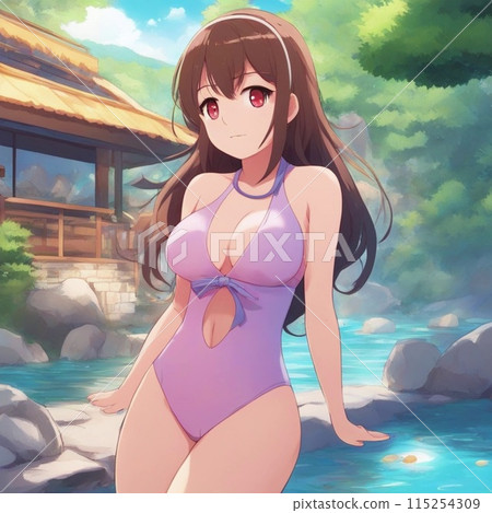 This is an illustration of cute girls who love hot springs, relaxing in an open-air bath in swimsuits. 115254309