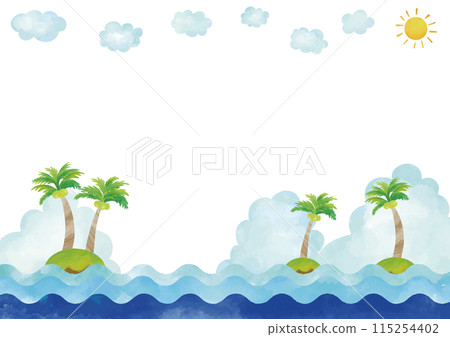 Watercolor style tropical landscape palm trees, sea and sky frame 1 115254402