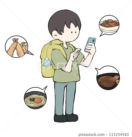 一名背著背包的男子用智慧型手機尋找附近的商店 一名背著背包的男子用智慧型手機尋找附近的商店 115254583