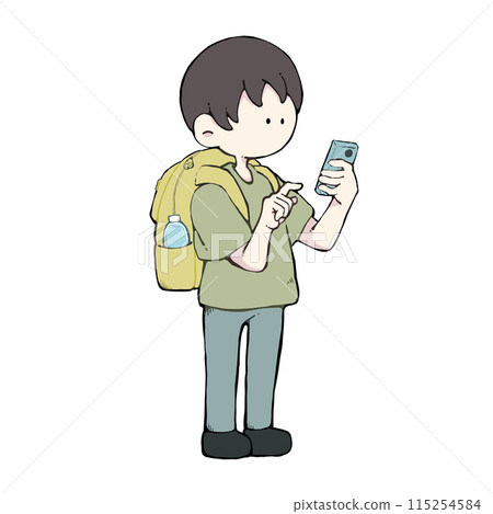 A man with a backpack operating a smartphone 115254584