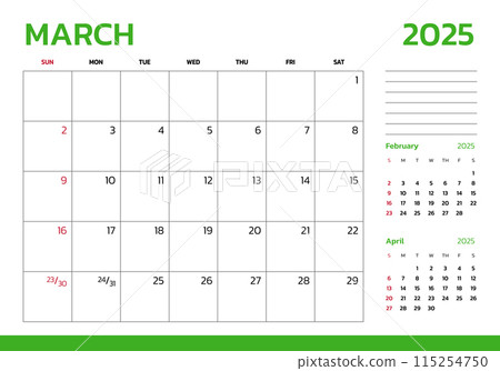 March 2025 Calendar. Week start on Sunday. Desk calendar 2025 design, simple and clean design, Wall calendar for print, digital calendar, Corporate design planner template vector. 115254750