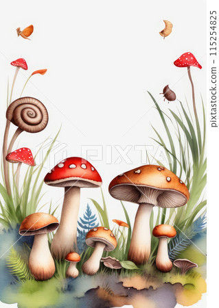 Watercolor composition of fairytale mushrooms surrounded by adorable snails and grass. 115254825