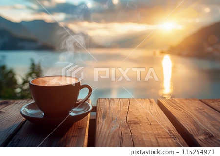 cup of coffee with lake and mountains view on the background at sunrise or sunset 115254971