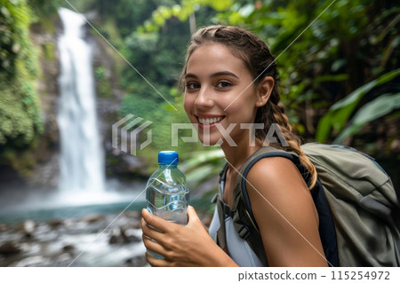 happy young woman tourist with backpack holding bottle of water against the backdrop of mountain waterfall happy young woman tourist with backpack holding bottle of water against the backdrop of mountain waterfall 115254972