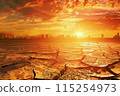 dry cracked earth with post-apocalyptic city after global warming on the background 115254973