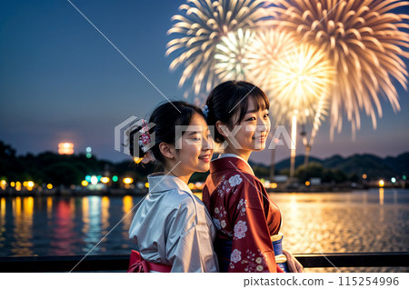 A duo of young women in yukatas enjoying the fireworks festival 115254996