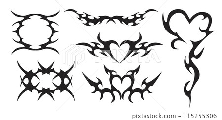 Neo tribal heart y2k aesthetic tattoo gothic cover, fire or wings abstract silhouette isolated on background. Divider, border, cyber body ornament, neotribal web goth decoration Neo tribal heart y2k aesthetic tattoo gothic cover, fire or wings abstract silhouette isolated on background. Divider, border, cyber body ornament, neotribal web goth decoration 115255306