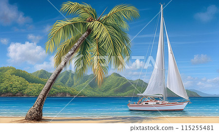 A tropical resort with beautiful palm trees, beaches, ocean and blue skies. 115255481