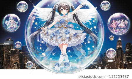 In the midst of the bubble economy: Many bubbles containing angels are floating in the sky above the city. 115255487