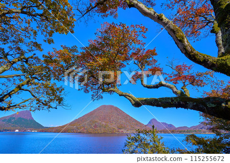 從群馬縣榛名湖南岸到東北部（榛名富士、峨眉岳、相馬山）透過紅葉樹木眺望 115255672