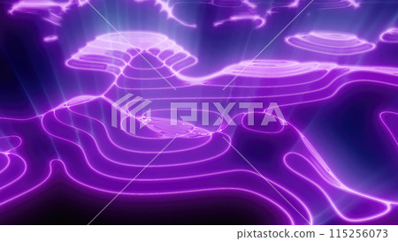 Purple looped futuristic hi-tech landscape with mountains and canyons from glowing energy circles and magic lines. Abstract background Purple looped futuristic hi-tech landscape with mountains and canyons from glowing energy circles and magic lines. Abstract background 115256073