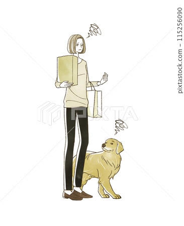 一個女人和狗帶著困惑的表情去購物 一個女人和狗帶著困惑的表情去購物 115256090