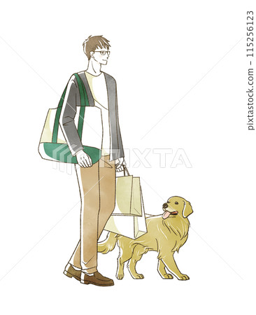 A man and a dog shopping 115256123
