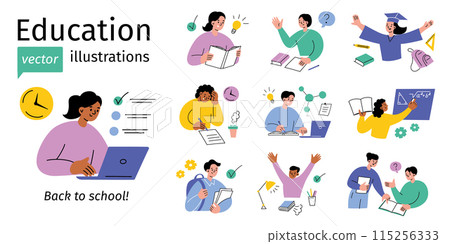 Education vector illustrations set, collection of school children and teachers. Studying, exams, homework,classroom activities. Students reading, writing, doing science, math. Back to school Education vector illustrations set, collection of school children and teachers. Studying, exams, homework,classroom activities. Students reading, writing, doing science, math. Back to school 115256333