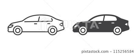 Sedan car icons in line and solid styles, flat vector pictograms. Elegant black and white representations suitable for urban environments. 115256584