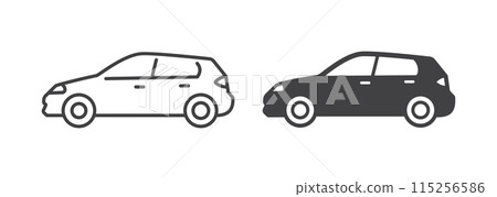 Hatchback car icons in line and solid styles, flat vector pictograms. Black and white representations of economical vehicles, ideal for city driving. 115256586
