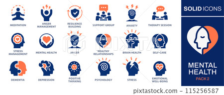 Mental health icon set. Collection of meditation, stress management, anxiety, psychosis, depression and more. Vector illustration. Easily changes to any color. 115256587