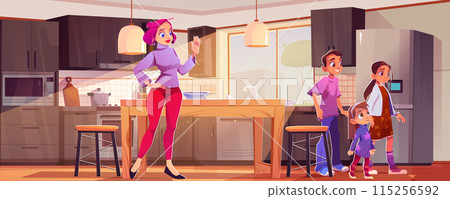 Children walk away and mother in kitchen Children walk away and mother in kitchen 115256592