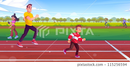 People jogging on running track on stadium People jogging on running track on stadium 115256594