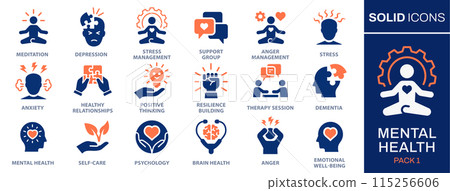 Mental health icon set. Collection of meditation, stress management, anxiety, relief, depression and more. Vector illustration. Easily changes to any color. Mental health icon set. Collection of meditation, stress management, anxiety, relief, depression and more. Vector illustration. Easily changes to any color. 115256606